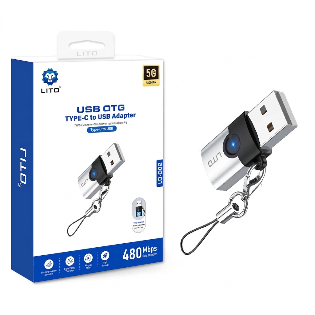 26c4b245-03e4-480a-81ac-9463bce6d96646903d51-48d2-4e7d-bfa5-2ac485633c85 LITO LD002 Type-C to USB 3.0 OTG adapter connected to a smartphone, illustrating portable data transfer and high-speed flash drive connectivity.