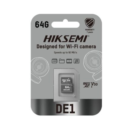 HIKSEMI DE1 64GB Class 10 V30 MicroSDXC memory card placed next to a smart home Wi-Fi security camera, highlighting continuous video storage.