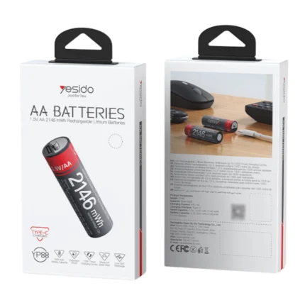 Yesido YP88 rechargeable AA battery with a Type-C cable plugged directly into its charging port, showing the built-in LED indicator light.