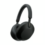 Sony WH-1000XM5 wireless over-ear noise-canceling headphones in silver, displayed with its matching compact protective carrying case.