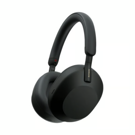Sony WH-1000XM5 wireless over-ear noise-canceling headphones in silver, displayed with its matching compact protective carrying case.