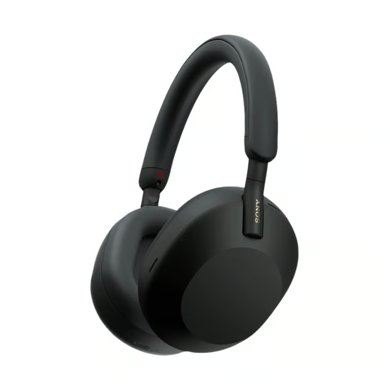 Sony WH-1000XM5 wireless over-ear noise-canceling headphones in silver, displayed with its matching compact protective carrying case.