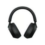 Sony WH-1000XM5 wireless over-ear noise-canceling headphones in silver, displayed with its matching compact protective carrying case.