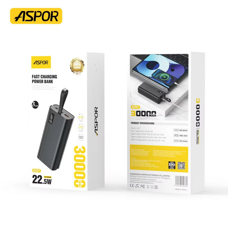 ASPOR A337 30000mAh 22.5W PD fast charging power bank in black, featuring digital battery display and multiple charging output ports.