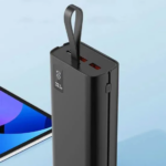 ASPOR A337 30000mAh 22.5W PD fast charging power bank in black, featuring digital battery display and multiple charging output ports.