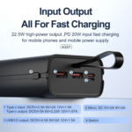 ASPOR A337 30000mAh 22.5W PD fast charging power bank in black, featuring digital battery display and multiple charging output ports.