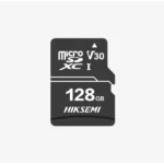 HIKSEMI DE1 128GB Class 10 V30 MicroSDXC memory card placed next to a smart home Wi-Fi security camera, highlighting continuous video storage.