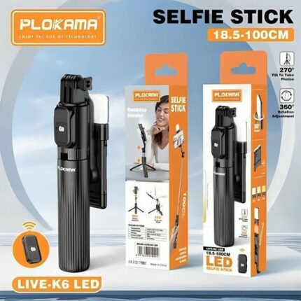 Plokama LIVE K6 2-in-1 LED selfie stick extended as a tripod stand with a smartphone mounted and integrated LED fill light turned on. Meta Tags