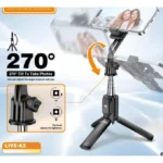 Plokama LIVE K5 2-in-1 LED selfie stick extended as a tripod stand with a smartphone mounted and built-in LED fill light illuminated.