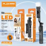 Plokama LIVE K5 2-in-1 LED selfie stick extended as a tripod stand with a smartphone mounted and built-in LED fill light illuminated.