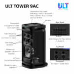 Sony ULT Tower 9AC high-power party speaker standing vertically, displaying built-in 360-degree party lights and top control panel.
