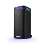 Sony ULT Tower 9AC high-power party speaker standing vertically, displaying built-in 360-degree party lights and top control panel.