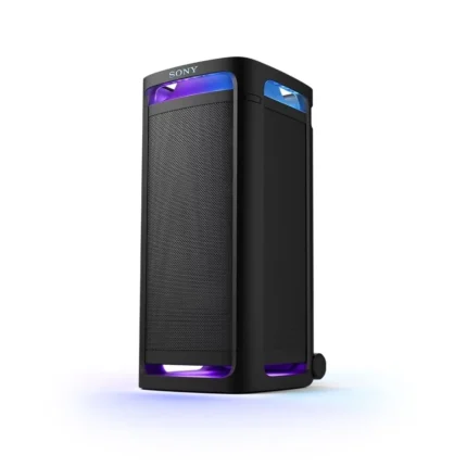 Sony ULT Tower 9AC high-power party speaker standing vertically, displaying built-in 360-degree party lights and top control panel.