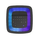 Sony ULT Tower 9AC high-power party speaker standing vertically, displaying built-in 360-degree party lights and top control panel.