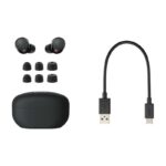 Sony WF-1000XM5 true wireless noise-canceling earbuds in black, displayed outside their compact charging case.