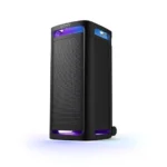 Sony ULT Tower 9AC high-power party speaker standing vertically, displaying built-in 360-degree party lights and top control panel.