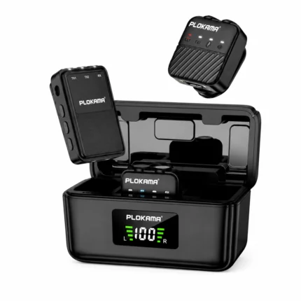 PLOKAMA VM-80 Pro ANC wireless dual microphone set showing two clip-on transmitters and one receiver unit next to a smartphone.