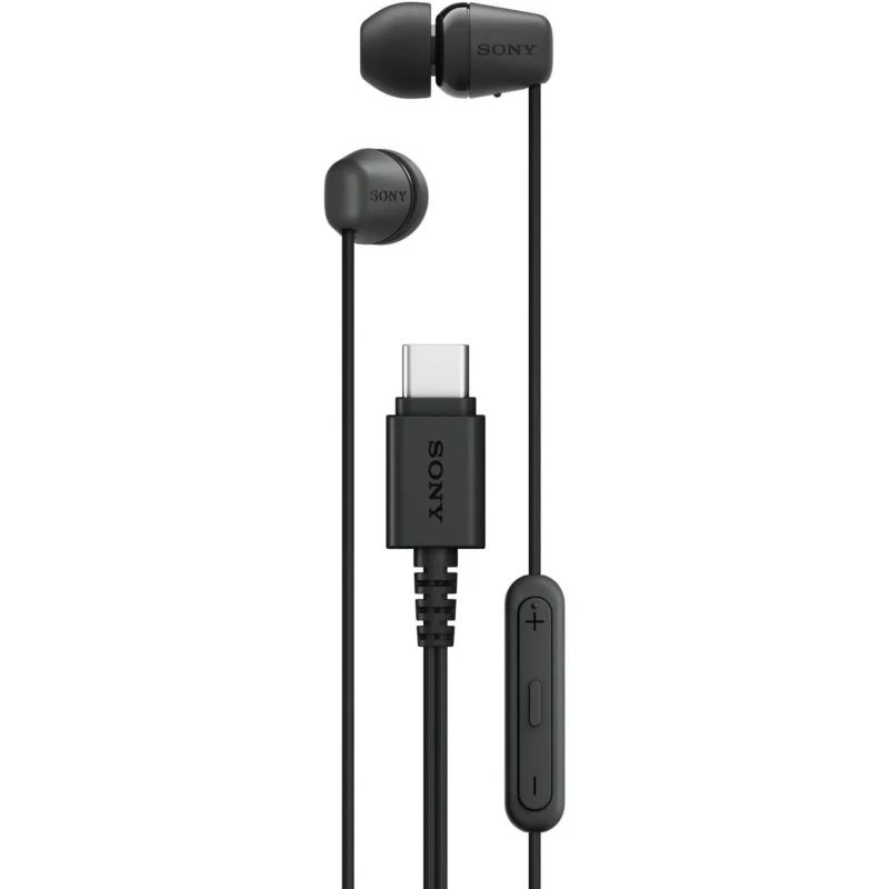 Sony IER-EX15C USB-C wired earphones in black displayed with their Type-C connector and inline remote microphone module.