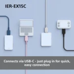 Sony IER-EX15C USB-C wired earphones in black displayed with their Type-C connector and inline remote microphone module.
