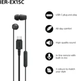 Sony IER-EX15C USB-C wired earphones in black displayed with their Type-C connector and inline remote microphone module.
