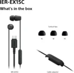 Sony IER-EX15C USB-C wired earphones in black displayed with their Type-C connector and inline remote microphone module.
