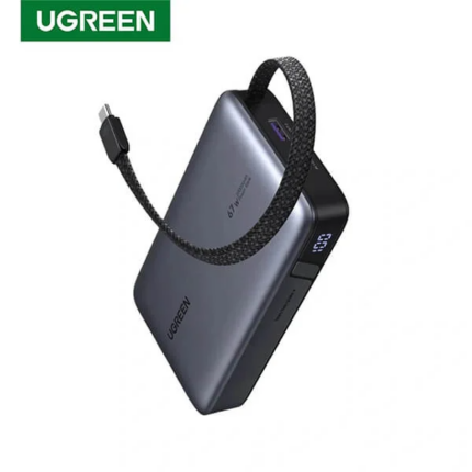 UGREEN 20000mAh 67W power bank PB550 featuring its integrated Type-C cable connected to a laptop for fast charging.