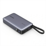 UGREEN 20000mAh 67W power bank PB550 featuring its integrated Type-C cable connected to a laptop for fast charging.