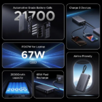 UGREEN 20000mAh 67W power bank PB550 featuring its integrated Type-C cable connected to a laptop for fast charging.
