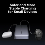 UGREEN 20000mAh 67W power bank PB550 featuring its integrated Type-C cable connected to a laptop for fast charging.