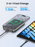 UGREEN PB561 10000mAh magnetic wireless power bank in Space Gray magnetically attached to the back of an iPhone charging wirelessly.
