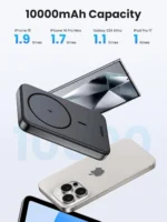 UGREEN PB561 10000mAh magnetic wireless power bank in Space Gray magnetically attached to the back of an iPhone charging wirelessly.