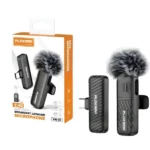 PLOKAMA VM10 wireless lavalier microphone kit showing the lapel transmitter and dual Lightning and Type-C receivers next to a smartphone.