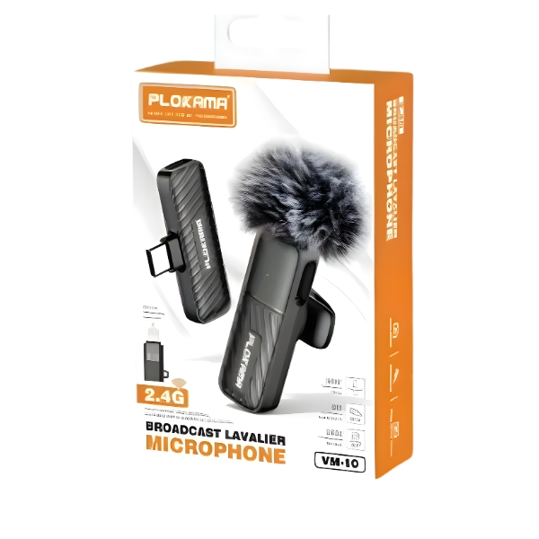 PLOKAMA VM10 wireless lavalier microphone kit showing the lapel transmitter and dual Lightning and Type-C receivers next to a smartphone.