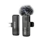 PLOKAMA VM10 wireless lavalier microphone kit showing the lapel transmitter and dual Lightning and Type-C receivers next to a smartphone.