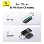 Baseus EnerFill FM11 10000mAh ultra-mini magnetic power bank snapped onto the back of a smartphone, showing its compact size and wireless charging capability.
