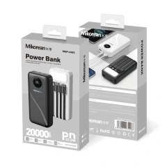 Mikorean MGP-L043 20000mAh power bank in black, featuring 22.5W PD fast charging ports and digital LED battery display.
