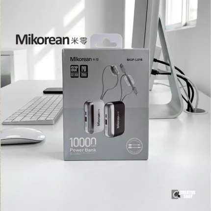 Mikorean 10000mAh mini pocket power bank with built-in dual charging cables, showing its ultra-compact design and LED battery display.