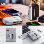 Mikorean 10000mAh mini pocket power bank with built-in dual charging cables, showing its ultra-compact design and LED battery display.