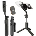 Plokama LIVE K5 2-in-1 LED selfie stick extended as a tripod stand with a smartphone mounted and built-in LED fill light illuminated.