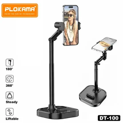 Plokama LIVE K5 2-in-1 LED selfie stick extended as a tripod stand with a smartphone mounted and built-in LED fill light illuminated.