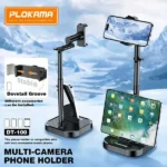 Plokama LIVE K5 2-in-1 LED selfie stick extended as a tripod stand with a smartphone mounted and built-in LED fill light illuminated.
