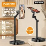 Plokama LIVE K5 2-in-1 LED selfie stick extended as a tripod stand with a smartphone mounted and built-in LED fill light illuminated.