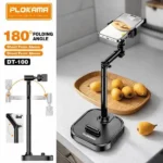 Plokama LIVE K5 2-in-1 LED selfie stick extended as a tripod stand with a smartphone mounted and built-in LED fill light illuminated.