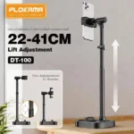 Plokama LIVE K5 2-in-1 LED selfie stick extended as a tripod stand with a smartphone mounted and built-in LED fill light illuminated.