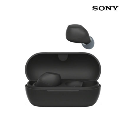 Sony WF-C710N true wireless noise-canceling earbuds displayed alongside their compact charging case on a minimalist background.