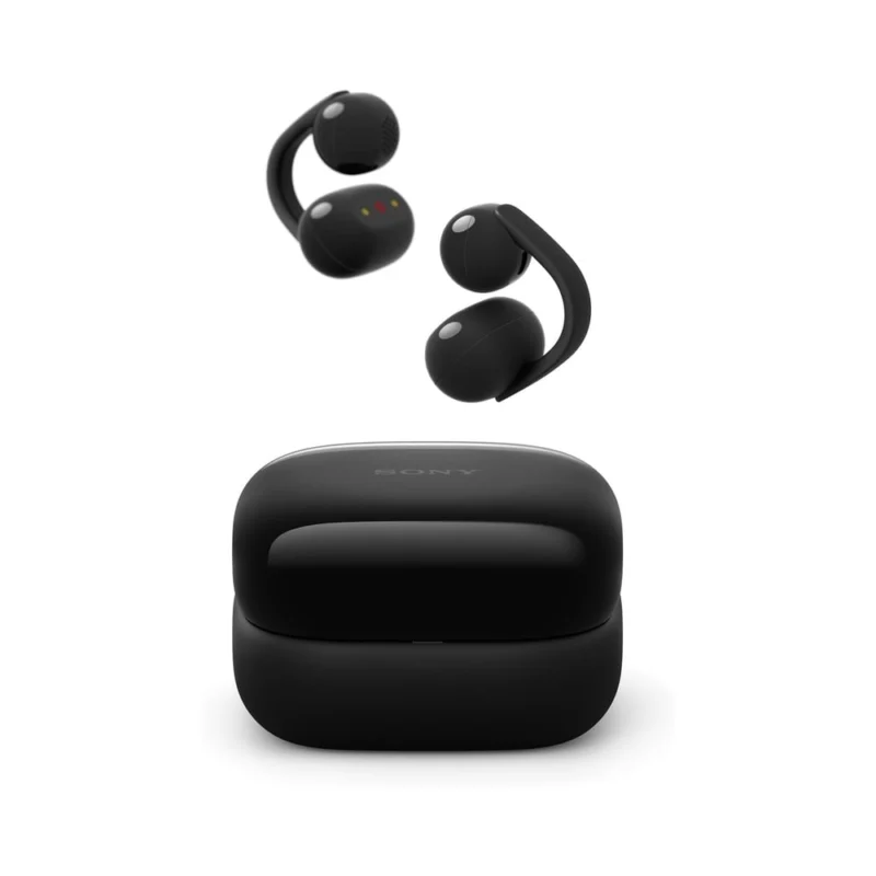 Sony LinkBuds Clip WF-LC900 open-ear wireless earbuds featuring a comfortable clip-on design, shown inside their matching charging case.