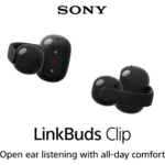 Sony LinkBuds Clip WF-LC900 open-ear wireless earbuds featuring a comfortable clip-on design, shown inside their matching charging case.