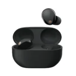 Sony WF-1000XM5 true wireless noise-canceling earbuds in black, displayed outside their compact charging case.