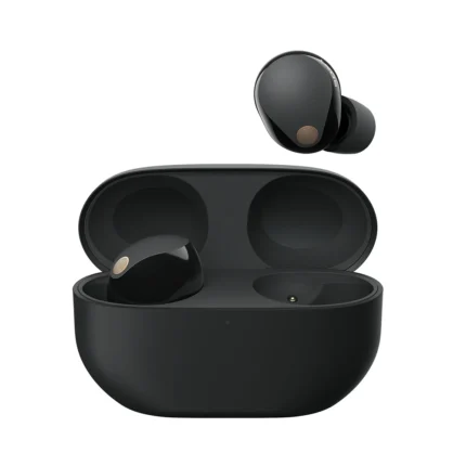 Sony WF-1000XM5 true wireless noise-canceling earbuds in black, displayed outside their compact charging case.