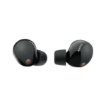Sony WF-1000XM5 true wireless noise-canceling earbuds in black, displayed outside their compact charging case.